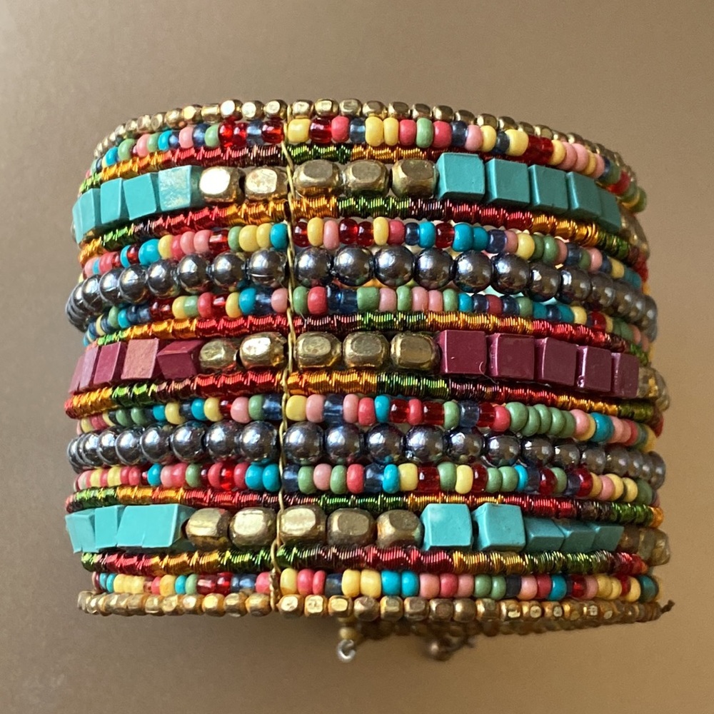 Wide Boho Beaded Multi Colored Cuff Bracelet - image 1